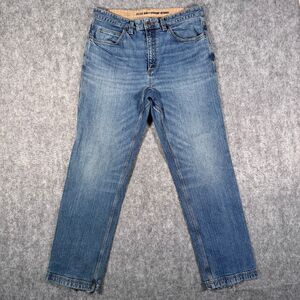 Duluth Trading Ballroom Jeans Mens 34x32 Blue Flex Denim Flawed Heel Drag